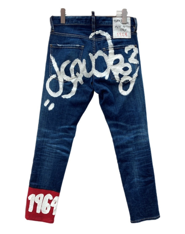 ディースクエアード DSQUARED2 Blue With Paint Pattern Lettering Printed ペイント デニム パンツ Cool Guy Jean ボタンフライ ジーンズ Gパン スキニー 加工 青 ロゴ S74LB1074 デニム ブルー サイズ 42 104MB-316