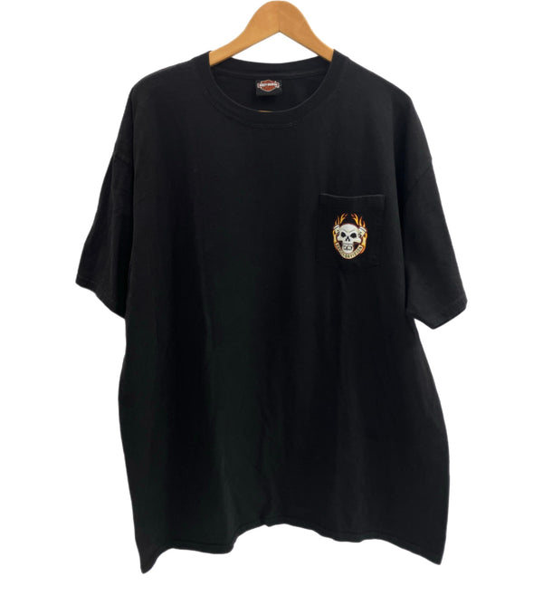 ハーレーダビッドソン Harley-Davidson モーターサイクル バイク スカル ドクロ フレイム ファイヤー ロゴ 両面プリント ポケット - Tシャツ ブラック 101MT-4533