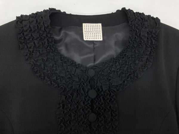 カネコイサオ KANEKO ISAO JACKET ノーカラー ピコフリル フロントボタン 肩パット フォーマル レトロ キュプラ BLACK 黒 K44FJ10 ジャケット ブラック 104LT-203