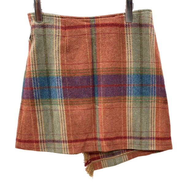 ラルフローレン RalphLauren POLO 現行タグ Recycled wool mini skirt ミニ 巻きスカート ラップスカート ウール 毛 フリンジ ベルト 暖色 211872622001 スカート チェック マルチカラー 104LB-39