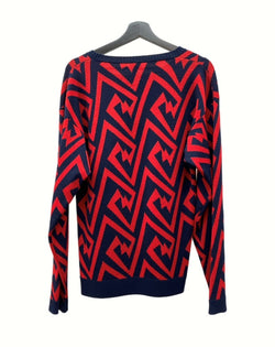 ロエベ LOEWE Crewneck Knit クルーネック ニット デザイン 薄手 赤 紺 セーター 幾何柄 レッド Mサイズ 104MT-1052