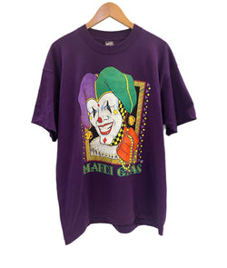 US US古着 90's 90年代 FRUIT OF THE LOOM BESTタグ Mardi Gras マルディグラ ピエロ アートT  シングルステッチ MADE IN USA アメリカ製 ヴィンテージ VINTAGE XL Tシャツ パープル LLサイズ 101MT-4917