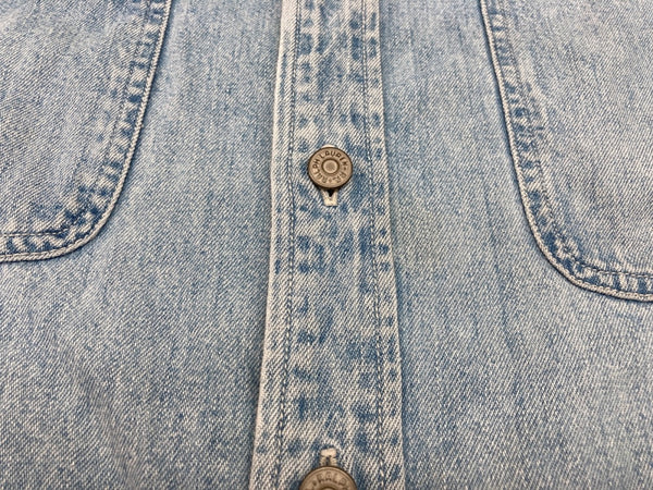ダブルアールエル RRL 90s 三ツ星タグ DENIM SHIRT デニムシャツ ステンカラー メタルボタン ヴィンテージ VINTAGE ラルフローレン RALPH LAUREN コットン モーリシャス製 ライトブルー 長袖シャツ 無地 ブルー Mサイズ 104MT-1974