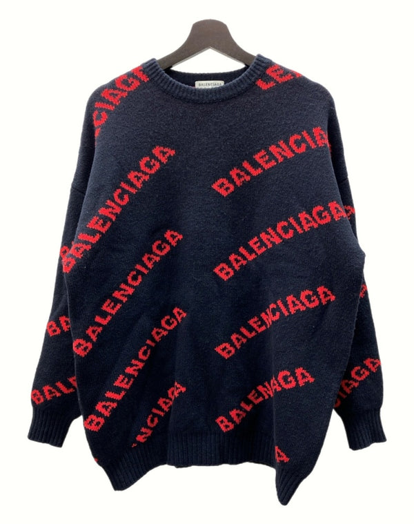 バレンシアガ BALENCIAGA 18SS ALLOVER LOGO CREWNECK KNIT オールオーバー ロゴ ニット ジャガード 紺 555279 セーター 総柄 ネイビー XSサイズ 104MT-634