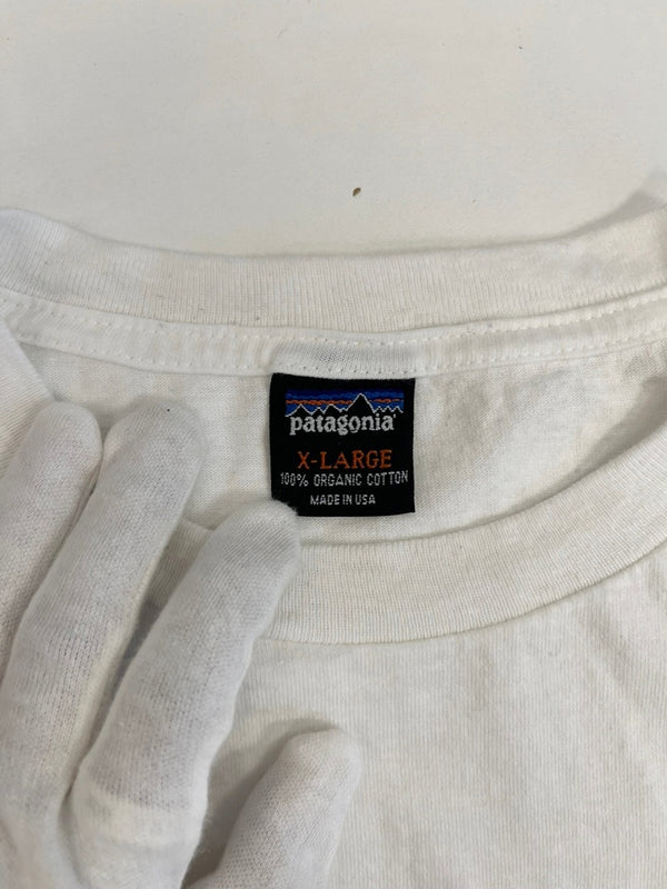 パタゴニア PATAGONIA 90s Vintage ヴィンテージ  USA製 カヤック柄 プリントTシャツ 半袖カットソー 白 XL Tシャツ ホワイト LLサイズ 101MT-4702