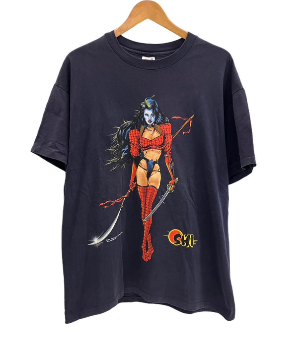 ヴィンテージ vintage 90's 90年代 anvil LADY DEATH SHI WILLIAM TUCCI アメコミ 漫画 アートT XL Tシャツ ネイビー LLサイズ 101MT-4220