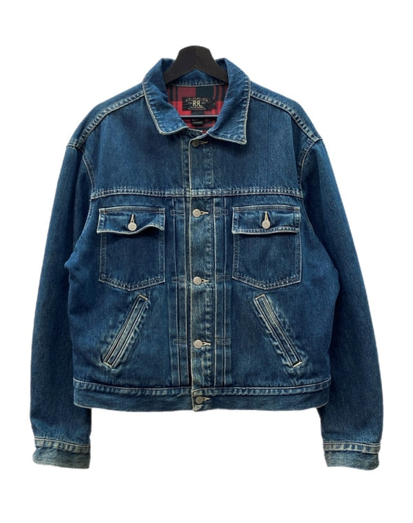 ダブルアールエル RRL 90s 2nd TYPE DENIM JACKET デニム ジャケット Gジャン 裏地チェック USA製 三ツ星タグ Ralph Lauren 青 ジャケット 無地 ブルー Lサイズ 104MT-1441