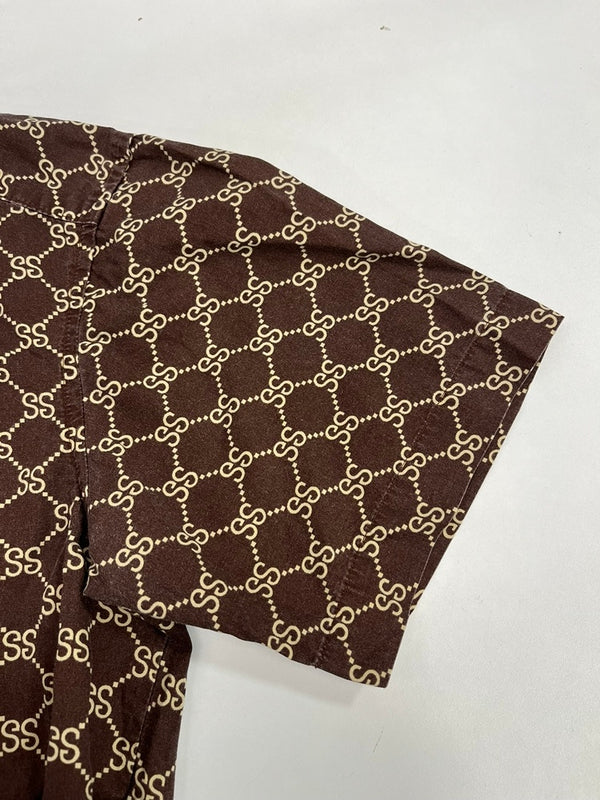 ステューシー STUSSY 90s 90's OLD STUSSY モノグラム 総柄 紺タグ USA製 SSリンクロゴ 半袖シャツ ベージュ Sサイズ 101MT-5000