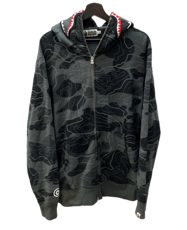 アベイシングエイプ A BATHING APE LAYERED LINE CAMO SHARK FULL ZIP HOODIE シャーク フルジップ フーディ 黒 パーカ 総柄 ブラック XLサイズ 104MT-1621