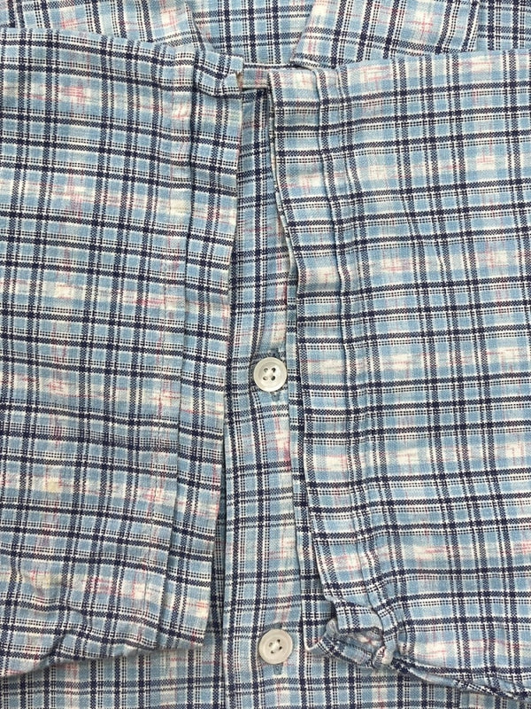 ダブルアールエル RRL 90s OPEN COLLAR SHIRT オープン カラー シャツ アロハ ハワイアン ワーク 半袖 開襟 三ツ星タグ Ralph Lauren 青 半袖シャツ チェック ブルー Mサイズ 104MT-1517