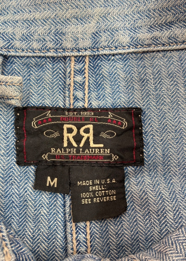 ダブルアールエル RRL 90s COVERALL JACKET カバーオール ジャケット 三ツ星タグ ヘリボーン USA製 Ralph Lauren 青 ジャケット ロゴ ブルー Mサイズ 104MT-1362