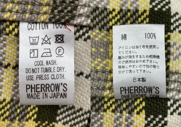 フェローズ PHERROW'S FLANNEL CHECK WORK SHIRT フランネル チェック ワーク シャツ ネルシャツ ヘビーウェイト ボタン 長袖 薄茶 黄 長袖シャツ チェック ベージュ XLサイズ 104MT-1672