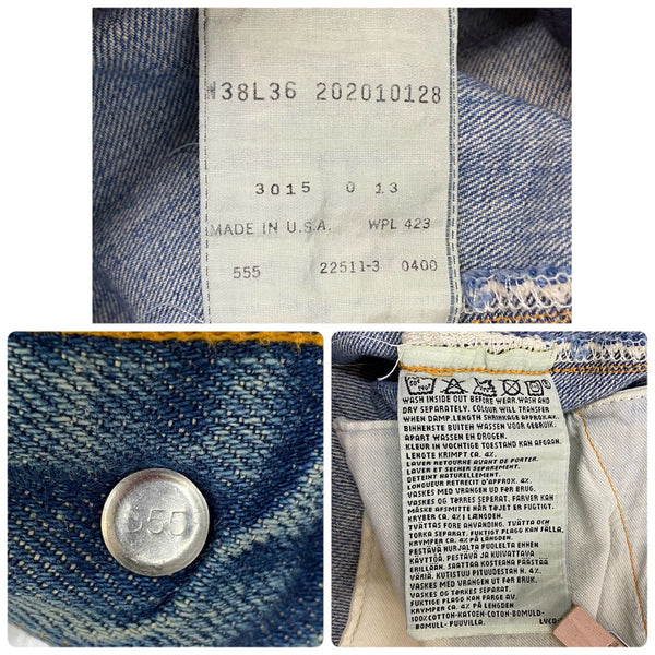 【曜日割引対象外】 リーバイス Levi's 00's 201 20's復刻 W38 USA製 バレンシア工場 555 青耳 20201-0128 デニム ブルー W38 L36サイズ 201MB-1212 VB