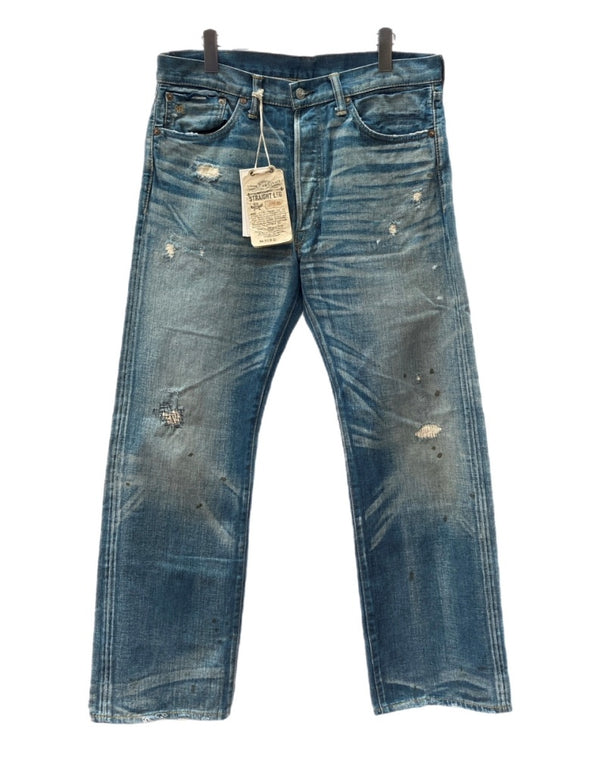 ダブルアールエル RRL DENIM PANTS デニム パンツ ボタンフライ ダメージ加工 ジーパン ジーンズ USA製 Ralph Lauren インディゴ 青 ロゴ R41RB07 デニム ブルー サイズ 33 104MB-214