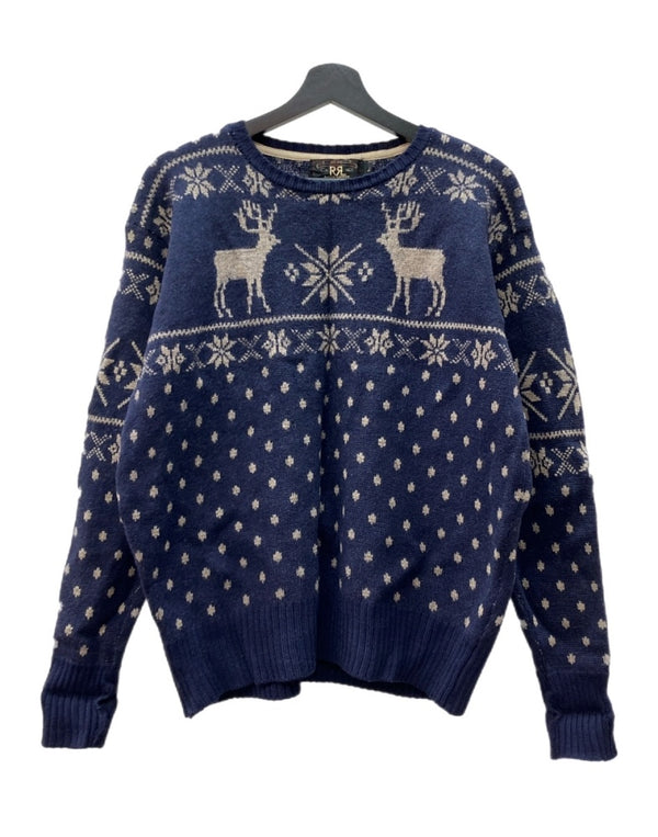 ダブルアールエル RRL 90s NORDIC SWEATER ノルディック セーター ニット トナカイ柄 三ツ星タグ Ralph Lauren 紺 セーター 総柄 ネイビー Lサイズ 104MT-2069