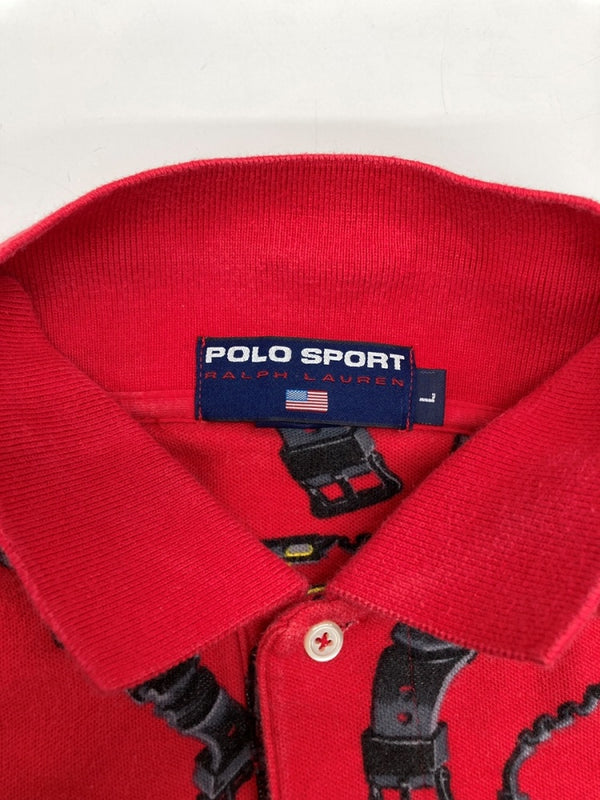 ラルフローレン RalphLauren POLO SPORT 90s CLOCK POLO SHIRT クロック ポロ シャツ USA製 腕時計 半袖 赤 半袖ポロシャツ 総柄 レッド Lサイズ 104MT-2350
