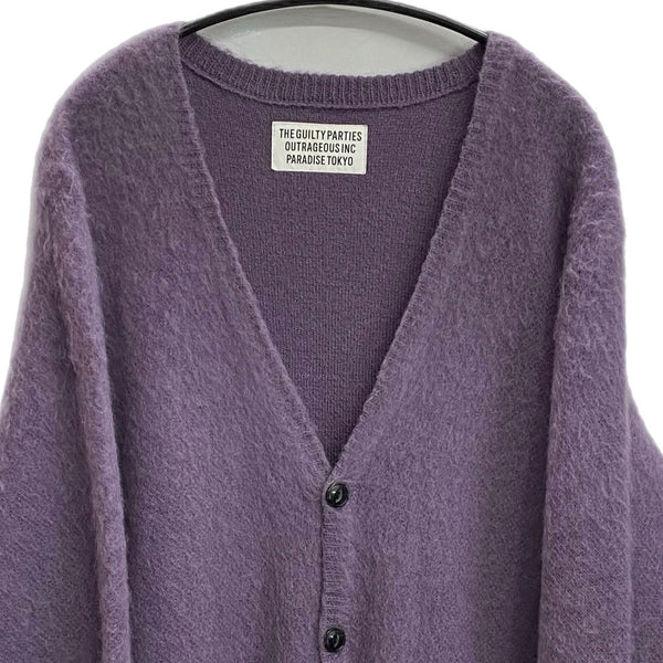 ワコマリア WACKO MARIA モヘヤ ウール混 カーデ ロゴ カーディガン ワンポイント カーディガン パープル Lサイズ 201MT-3708