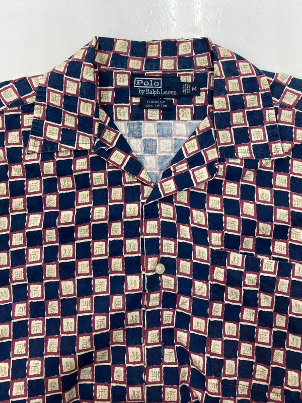 ラルフローレン RalphLauren 90s OPEN COLLAR SHIRT オープン カラー シャツ FORREST アロハ ハワイアン USA製 半袖 開襟 青 半袖シャツ チェック ブルー Mサイズ 104MT-1511