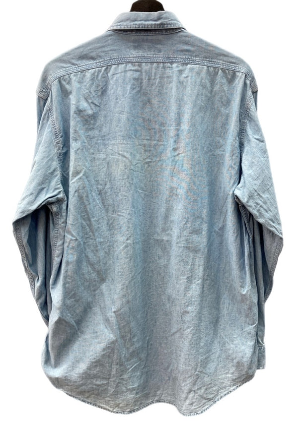 ダブルアールエル RRL 90s 三ツ星タグ SHIRT ステンカラー 猫目ボタン 胸ポケット ヴィンテージ VINTAGE ラルフローレン RALPH LAUREN コットン モーリシャス製 ライトブルー 青 無地 ブルー Mサイズ 104MT-2024