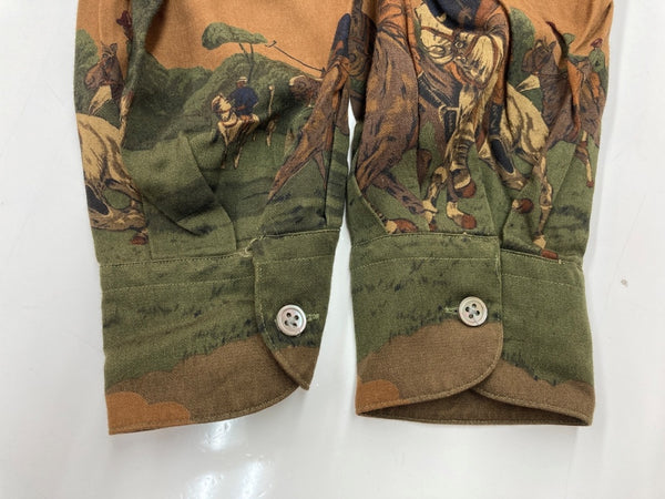 ラルフローレン RalphLauren 90's 90年代 オープンカラー 開襟 ステンカラー フロントボタン レーヨン 馬 HORSE ヴィンテージ VINTAGE マレーシア製 グリーン系 ブラウン系 SIZE12 長袖シャツ 総柄 マルチカラー 104MT-2038