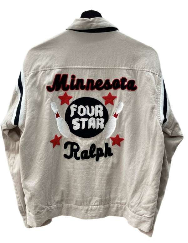 ヒューストン HOUSTON  bowling jacket ボウリング ジャケット 背面ボーリング刺繍 白茶 ジャケット 刺繍 ベージュ Lサイズ 104MT-1345