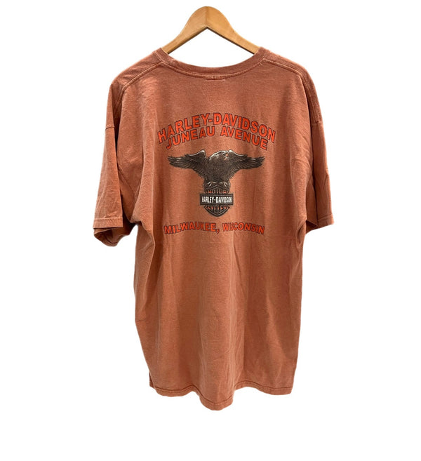 ハーレーダビッドソン Harley-Davidson 00's MORTERCYCLE イーグル モーターサイクル バイク バーアンドシールドロゴ 両面プリント  ポケット XL Tシャツ オレンジ LLサイズ 101MT-4536