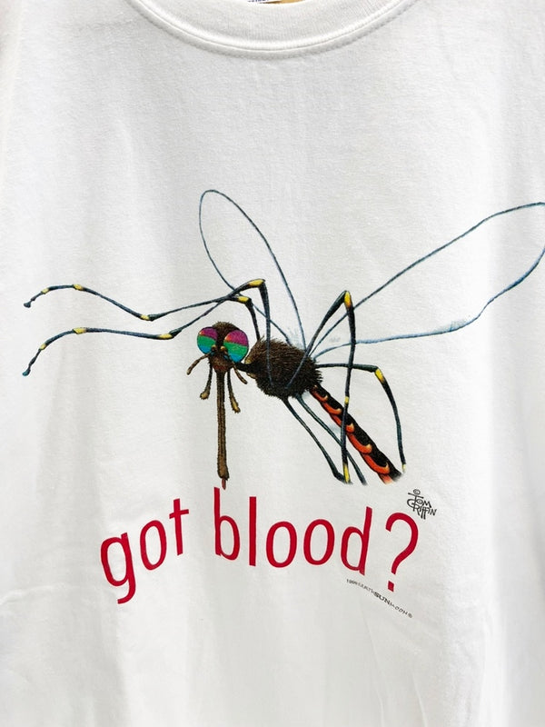ヴィンテージ vintage 90s ©1999 Mosquito got Blood? TOM GRIFFIN アートTシャツ プリント  XL Tシャツ ホワイト LLサイズ 101MT-4675