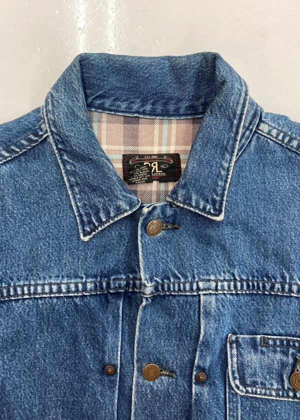 ダブルアールエル RRL 90s DENIM JACKET デニム ジャケット 三ツ星タグ USA製 シンチバック 裏地チェック Ralph Lauren 青 ジャケット ロゴ ブルー Sサイズ 104MT-1365