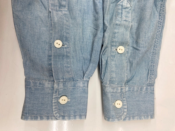 ダブルアールエル RRL 三ツ星タグ DENIM SHIRT デニム バンドカラー シャンブレー フロントボタン ヴィンテージ VINTAGE ラルフローレン RALPH LAUREN マレーシア製 ライトブルー 水色 長袖シャツ 無地 ブルー Sサイズ 104MT-1955