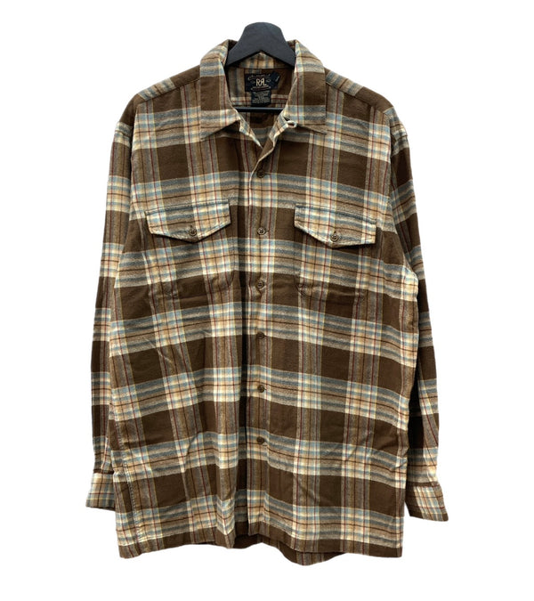 ダブルアールエル RRL 90s 90年代 三ツ星タグ フランネル ネルシャツ オープンカラー 開襟 ボックスカット 茶色 長袖シャツ チェック ブラウン 104MT-2016
