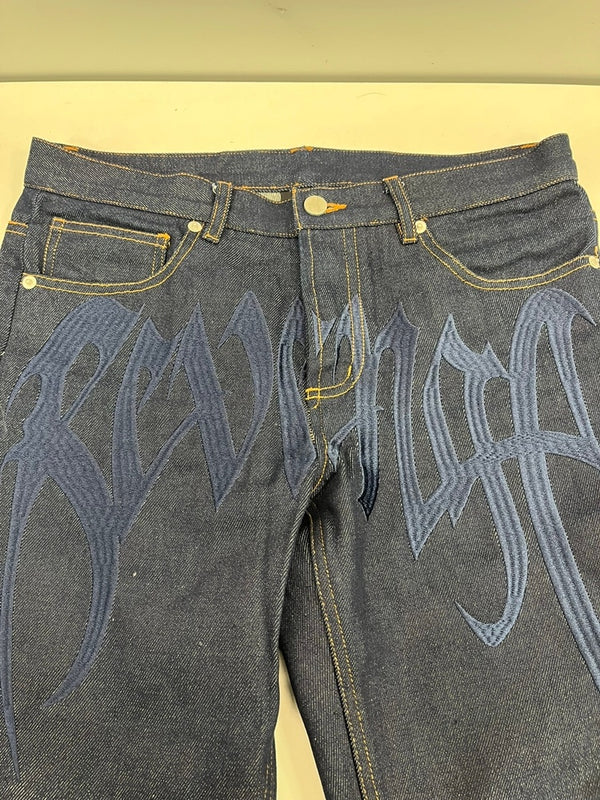 リベンジ REVENGE デニムパンツ インディゴ 刺繍ロゴ y2k 青 デニム ブルー Sサイズ 101MB-758
