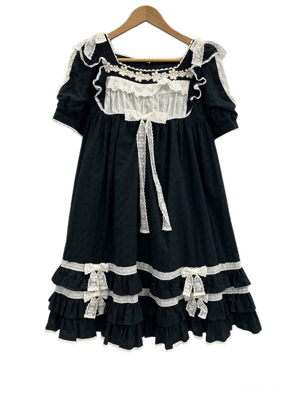 アンジェリックプリティ Angelic Pretty ロリイタ 黒 白 アイレットレース スカラップレース フリル リボン 0-030142-008 ワンピース ブラック 101LT-143