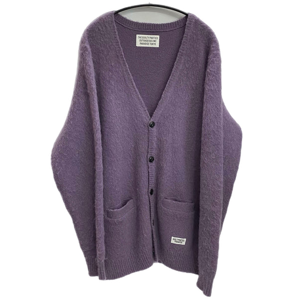 ワコマリア WACKO MARIA モヘヤ ウール混 カーデ ロゴ カーディガン ワンポイント カーディガン パープル Lサイズ 201MT-3708