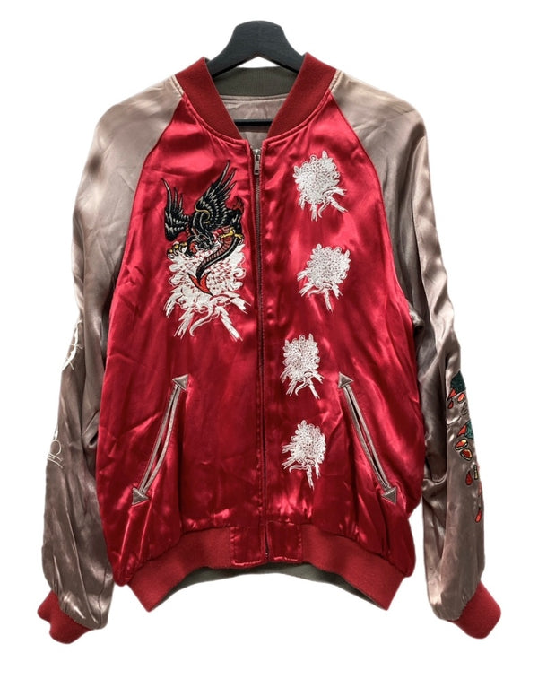 エドハーディー Ed Hardy 龍刺繍 スカジャン ドラゴン柄 ジップアップ チェーン刺繍 アウター ジャケット 赤 ジャケット 総柄 レッド Mサイズ 104MT-1663