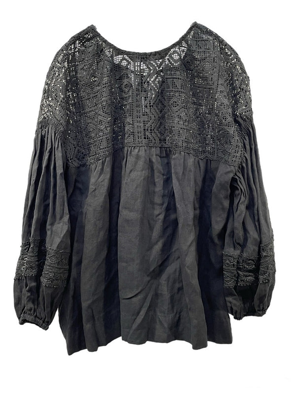 クロスアンドクロス Cloth&Cross リネン レース ブラウス 半袖カットソー ブラック 601LT-15
