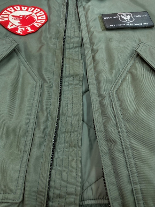 ヒューストン HOUSTON FLIGHT JACKET フライト ジャケット ミリタリー ワッペン ジップアップ アウター ブルゾン 緑 5CW45P ジャケット 総柄 カーキ Lサイズ 104MT-1444