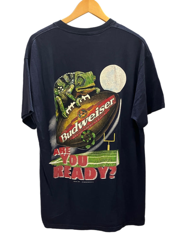 ヴィンテージ vintage 90s 90's DELTA Budweiser ARE YOU READY FOR SOME FOOTBALL? ©1998 バドワイザー カエル フロッグ FLOG Tシャツ ネイビー Lサイズ 101MT-2960