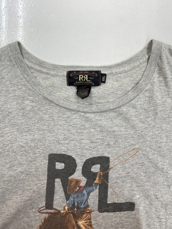 ダブルアールエル RRL 90s COWBOY T-SHIRT カウボーイ Tシャツ ロデオ 半袖 USA製 三ツ星タグ Ralph Lauren 灰 Tシャツ プリント グレー 2XLサイズ 104MT-1484