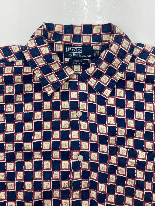 ラルフローレン RalphLauren 90s OPEN COLLAR SHIRT オープン カラー シャツ FORREST アロハ ハワイアン USA製 半袖 開襟 青 半袖シャツ チェック ブルー Mサイズ 104MT-1511