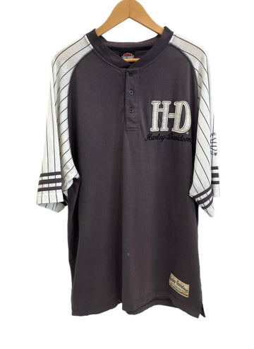 ハーレーダビットソン Harley Davidson 90's 90s H.D.LOGO  ロゴ ベースボールシャツ Baseballl バイカラー ツートン ストライプ ヘンリーネック USA製 - Tシャツ ブラウン フリーサイズ 101MT-3483