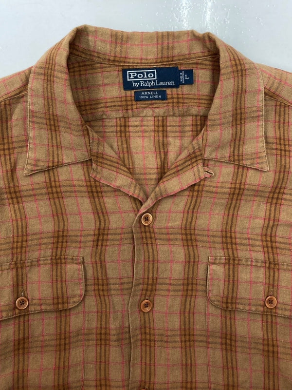ラルフローレン RalphLauren 90s LINEN S/S OPEN COLLAR SHIRT リネン オープン カラー シャツ 半袖 開襟 茶 HS-RL-YM-0852 半袖シャツ チェック ブラウン Lサイズ 104MT-1505