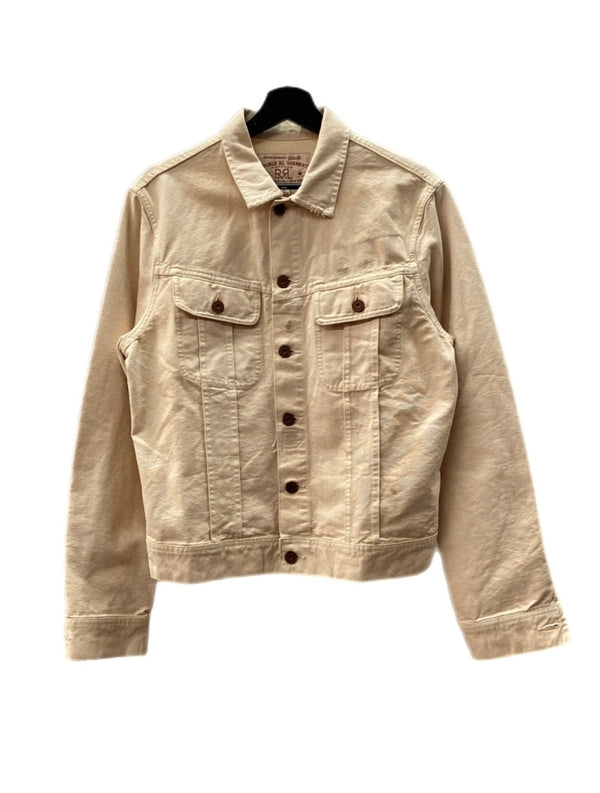 ダブルアールエル RRL DENIM WORK JACKET デニム ワーク ジャケット 錆 リペア加工 Gジャン Ralph Lauren 薄茶 ジャケット 無地 ベージュ Mサイズ 104MT-1378