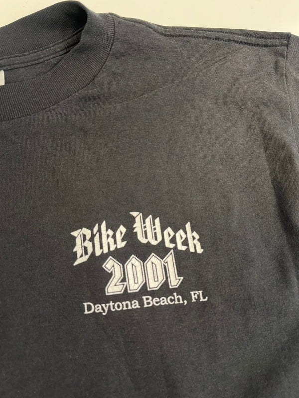 US US古着 00’s BIKE WEEK 2001 モーターサイクル アメリカンバイク ピンナップガール 両面プリント VINTAGE ヴィンテージ Tシャツ ブラック Lサイズ 101MT-4570