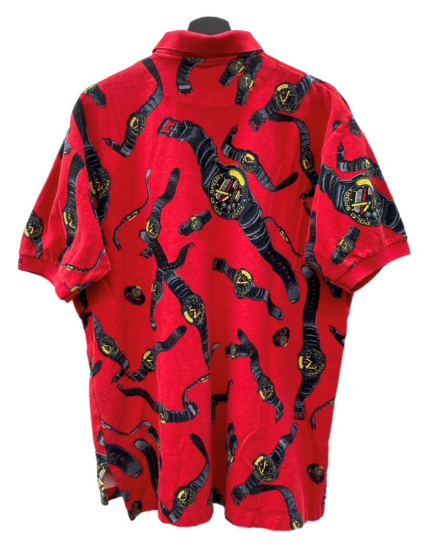 ラルフローレン RalphLauren POLO SPORT 90s CLOCK POLO SHIRT クロック ポロ シャツ USA製 腕時計 半袖 赤 半袖ポロシャツ 総柄 レッド Lサイズ 104MT-2350