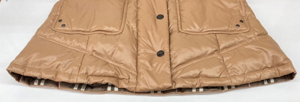 バーバリー Burberry ブルーレーベル BLUE LABEL 三陽商会 ダウン アウター 裏地ノバチェック フードファー ジップアップ ロゴ 刺繍 BROWN 茶色 FRF01-532-50 コート ワンポイント ブラウン SIZE40 104LT-240