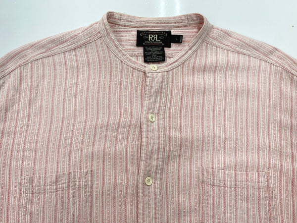ダブルアールエル RRL 90s 三ツ星タグ バンドカラー ノーカラー マチ付き  グランパシャツ リネン混 長袖シャツ ストライプ ピンク Lサイズ 104MT-2060