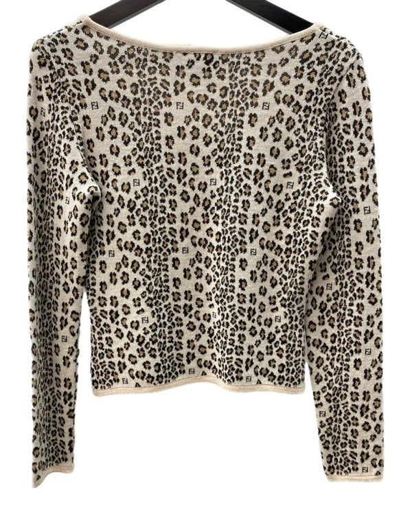 フェンディ FENDI オールド OLD レトロ ニット ラウンドネック 総柄 ロゴ ウール ビスコース レーヨン MADE IN ITALY イタリア製  セーター ヒョウ柄・レオパード柄 ベージュ SIZE40 104LT-248