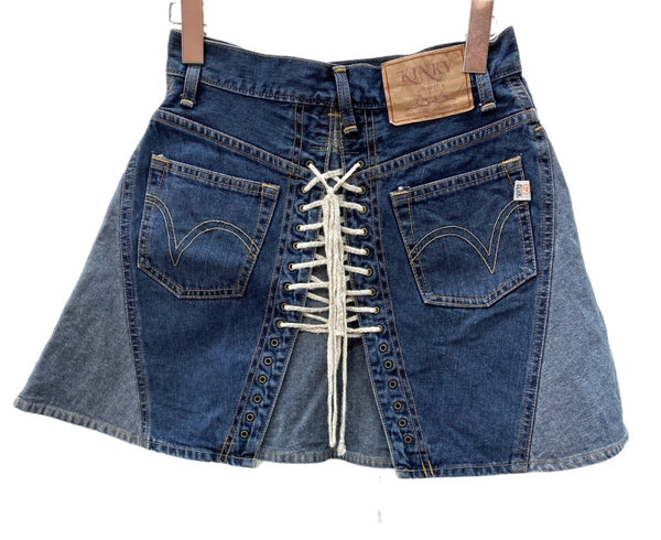 ヒステリックグラマー HYSTERIC GLAMOUR 初期タグ KINKY JEANS ミニスカート DENIM デニム Aライン レースアップ トレンド Y2K 日本製 インディゴ INDIGO 2AK-8510 スカート ロゴ ネイビー Fサイズ 104LB-48