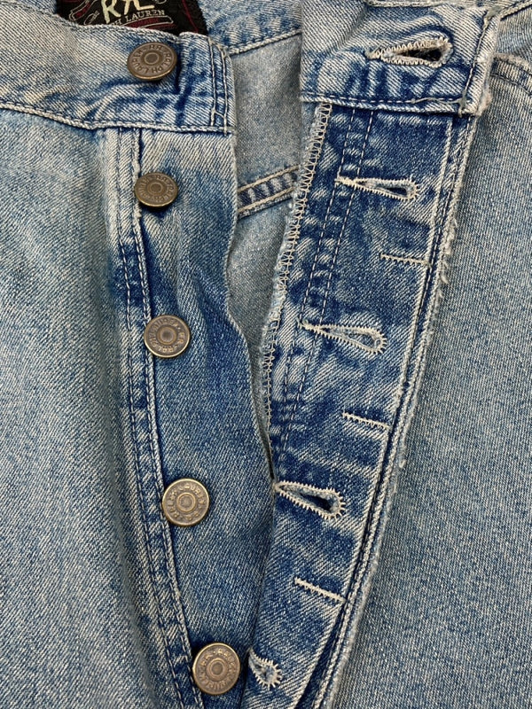 ダブルアールエル RRL 90s DENIM PANTS デニム パンツ ボタンフライ ジーパン ジーンズ USA製 三ツ星タグ Ralph Lauren インディゴ 青 ロゴ デニム ブルー 32×34 104MB-351