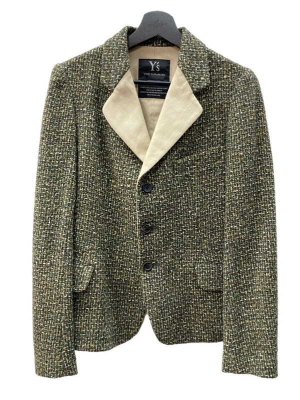 ワイズ Y's ヨウジヤマモト Yohji Yamamoto 3B ツイード テーラード TWEED TAILORED JACKET ウール シルク混 シングルブレステッド KHAKI GREEN 緑 BEIGE ベージュ YC-J59-552 ジャケット カーキ SIZE2 104LT-177